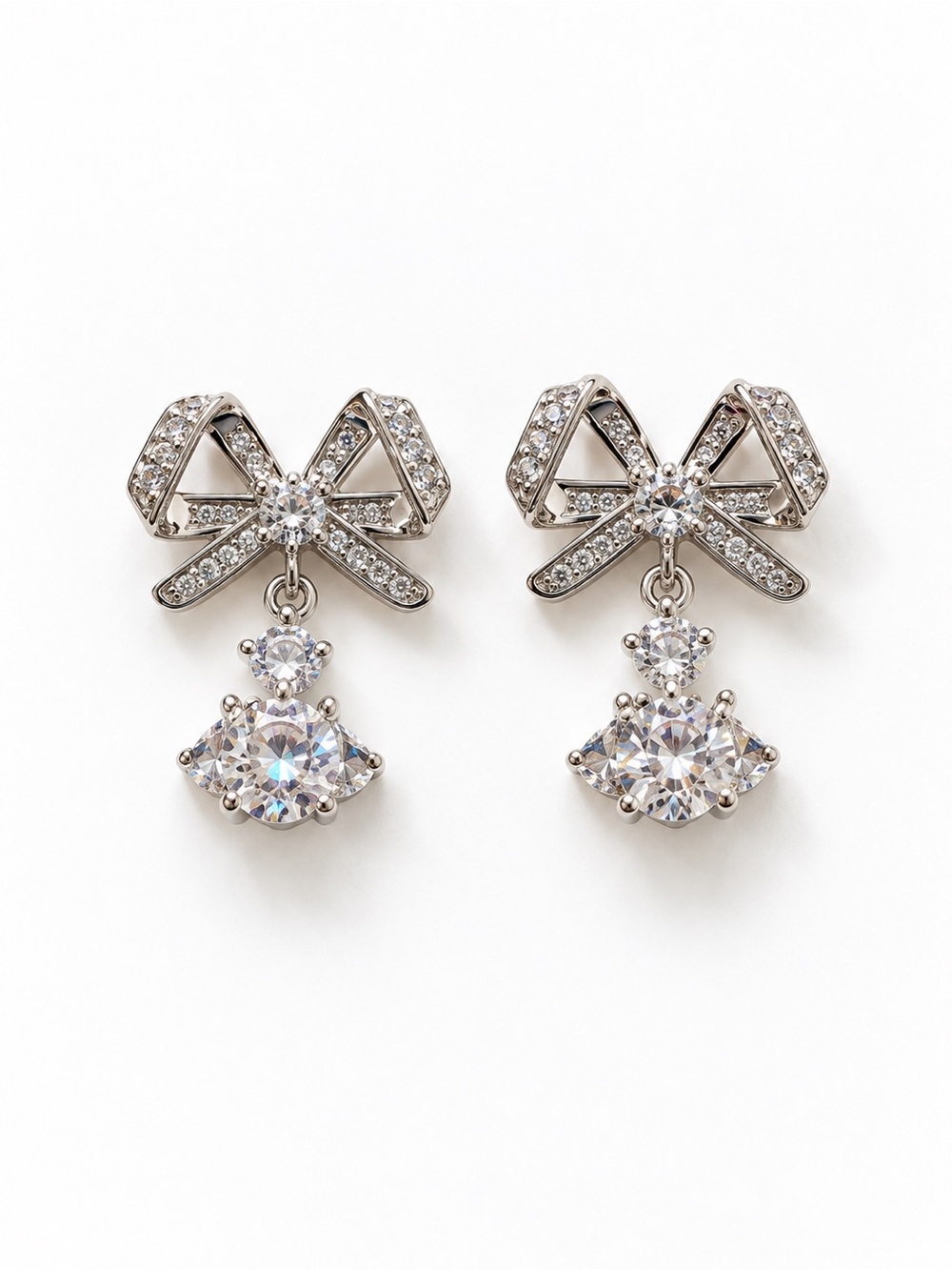 Crystal Bow Drop Earrings - Silver Tone